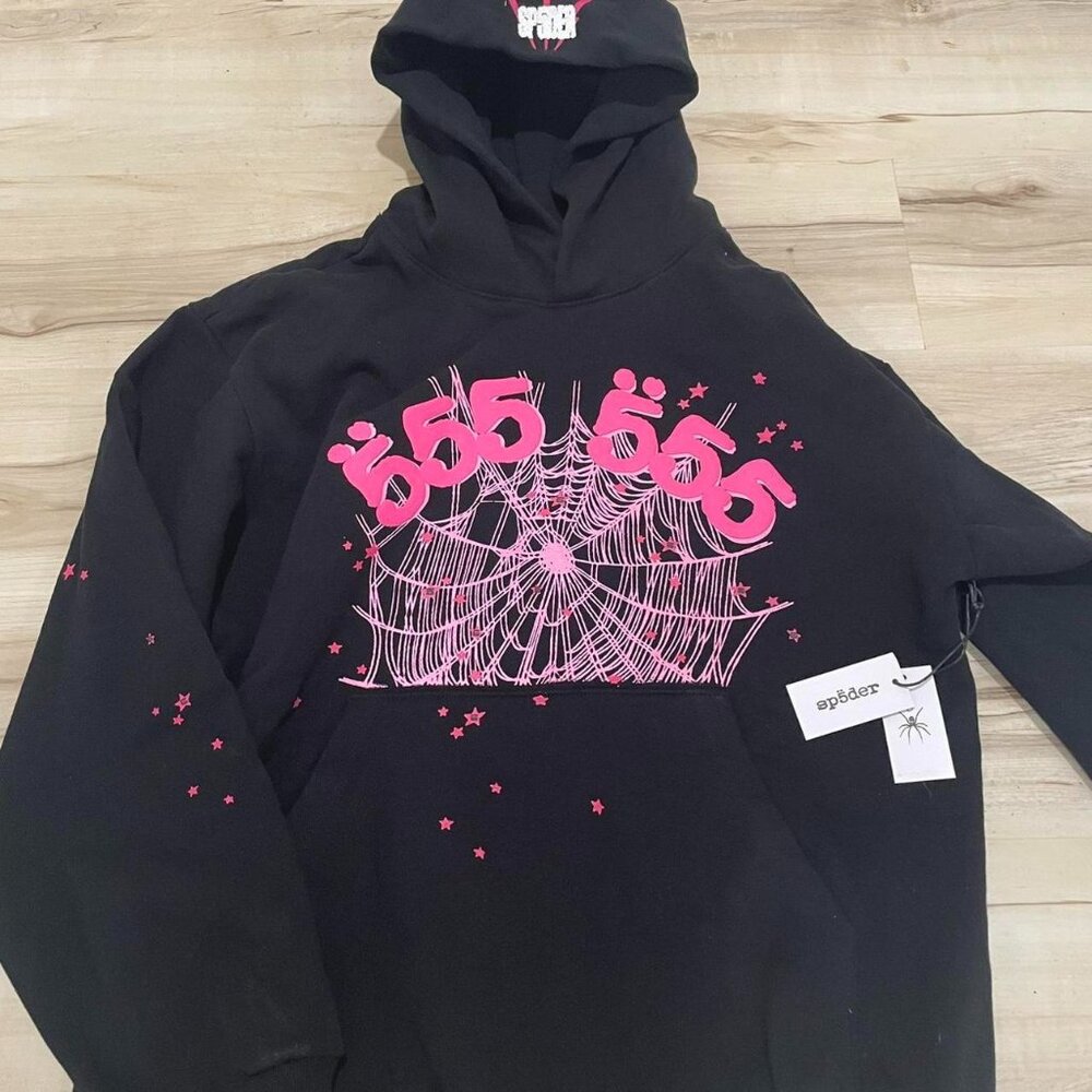 Sp5der Black & Pink Angel Number Hoodie – Streetwear Pullover with 555 Graphic
